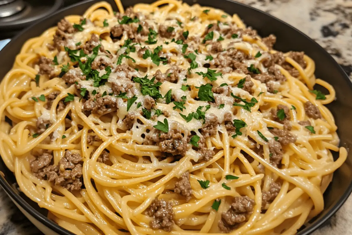 Creamy Cheesy Garlic Butter Linguine with Savory Beef