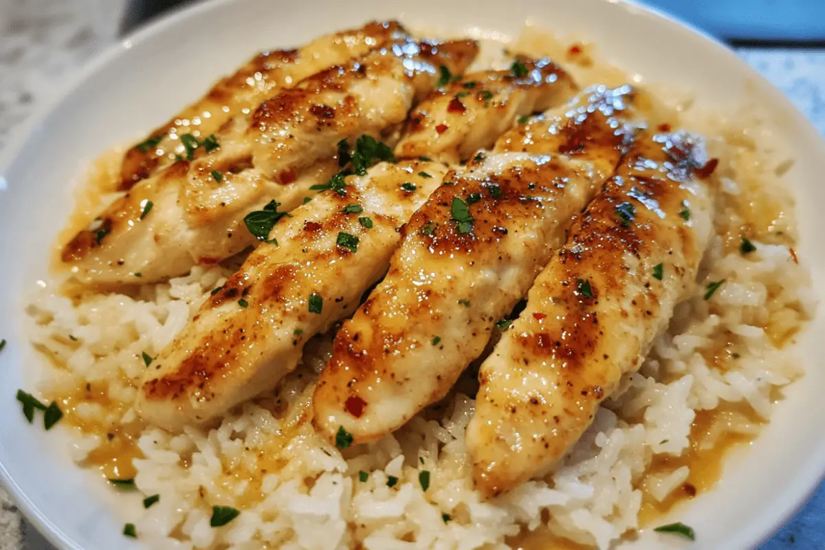 Chicken scampi in a buttery garlic sauce served over creamy Parmesan rice, garnished with fresh herbs.