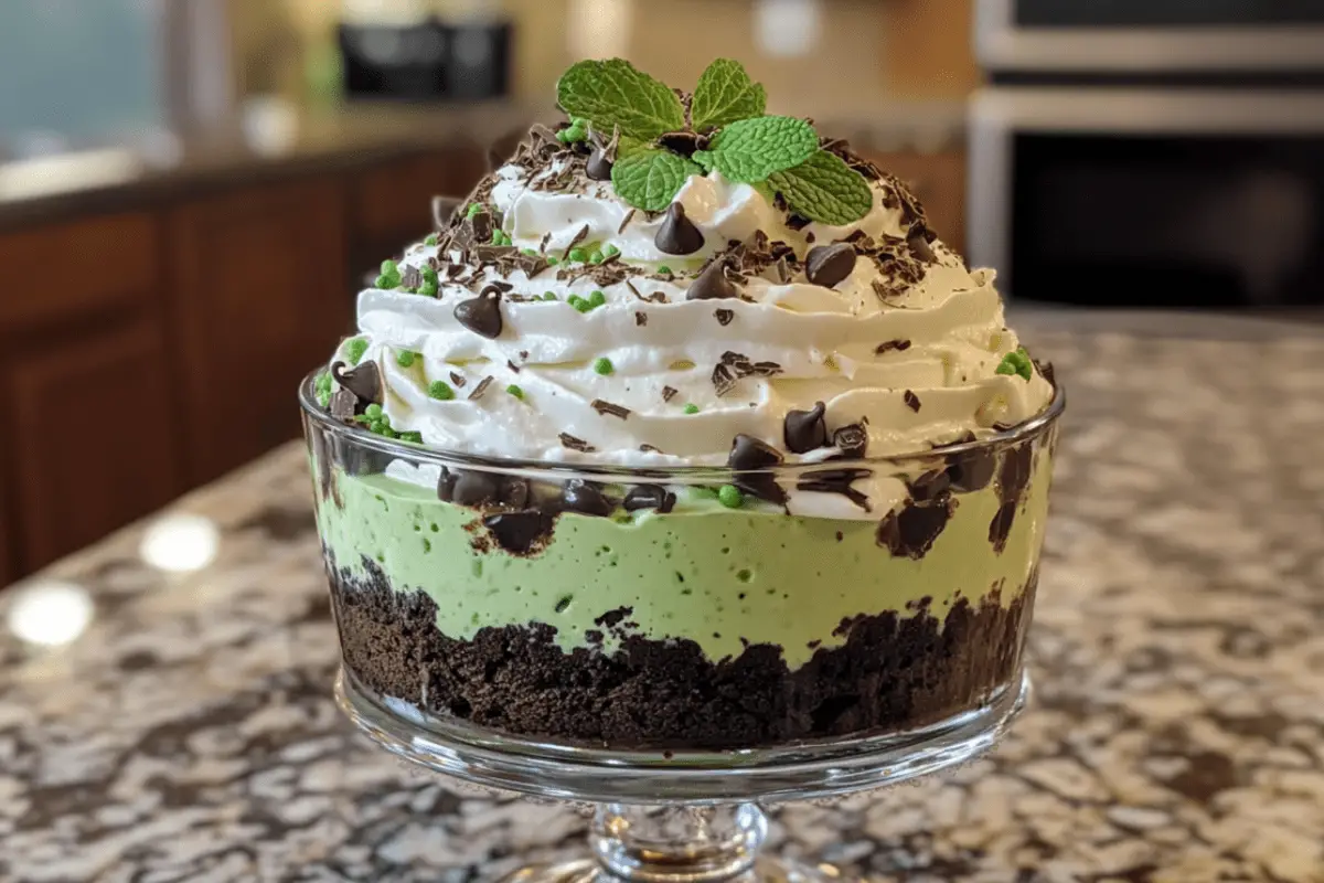 St. Patrick’s Day Brownie Trifle with layers of brownies, whipped cream, and festive green sprinkles, served in a clear trifle dish.