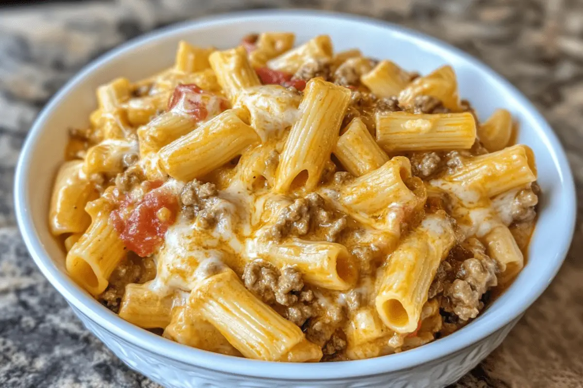 A serving of Creamy Velveeta Beef & Rigatoni Pasta with tender beef and a velvety cheese sauce.