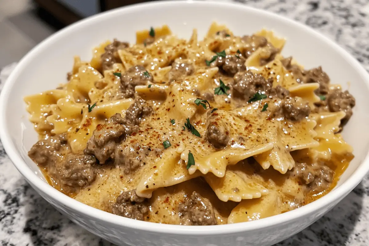 creamy Parmesan garlic beef bowtie pasta with tender beef and flavorful sauce.