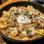 Skillet filled with Beef Stroganoff Tortellini, featuring creamy sauce and tender beef.