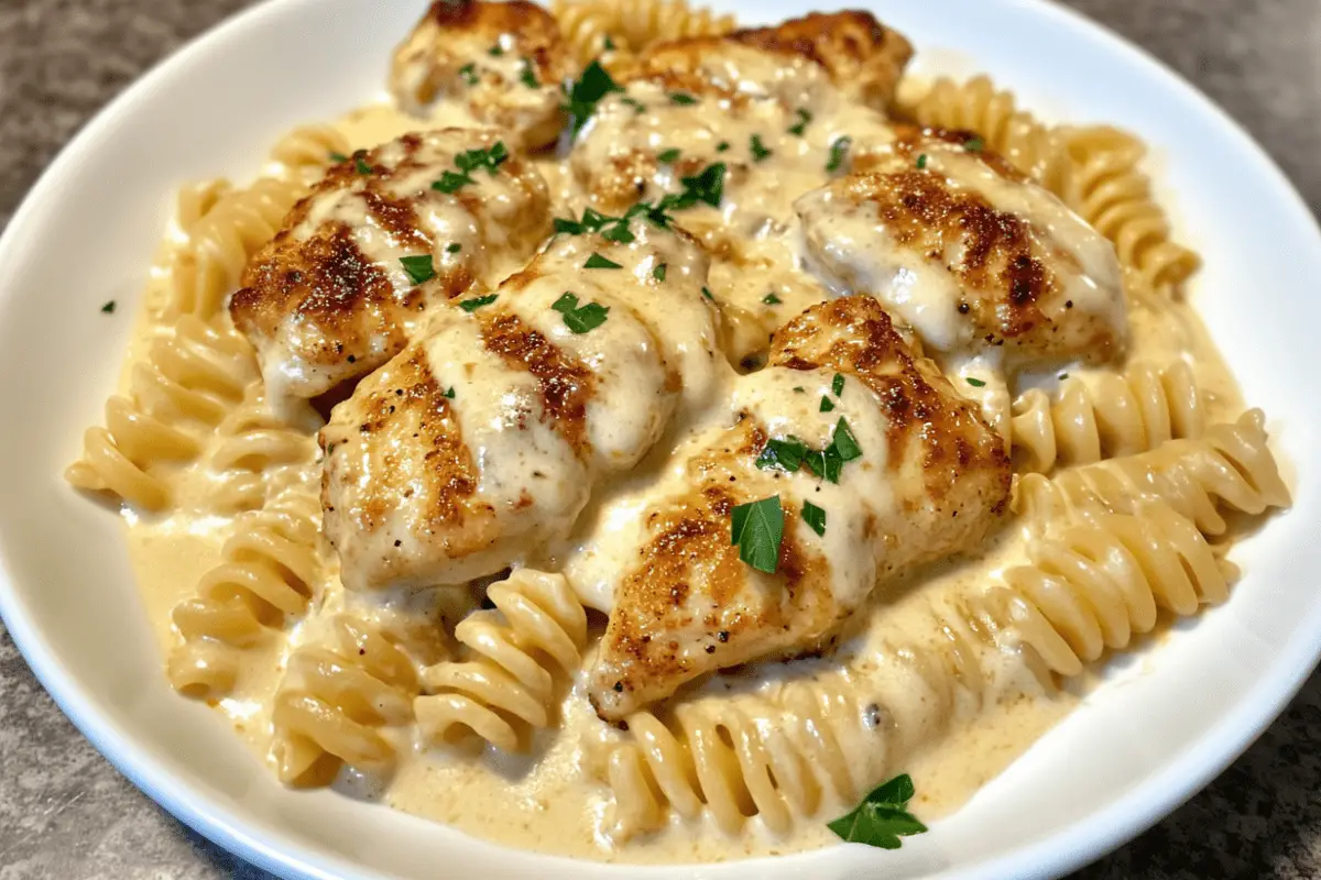 Creamy Garlic Butter Chicken and Rotini in Parmesan Sauce