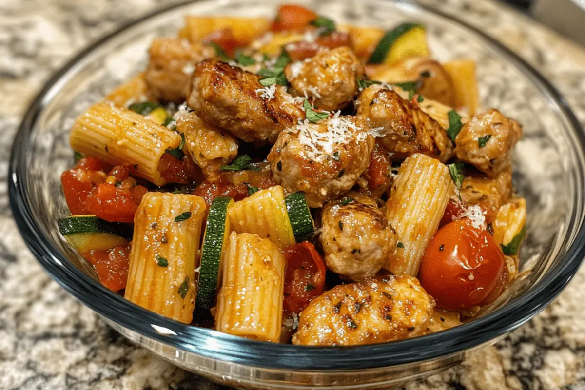 Chicken Sausages with Zucchini, Tomatoes, and Pasta