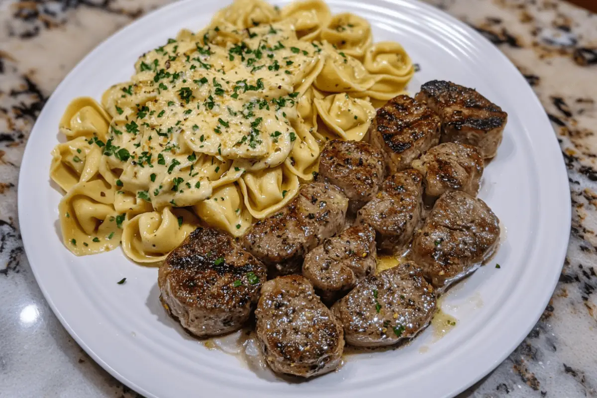 Garlic Butter Steak with Cheesy Alfredo Tortellini