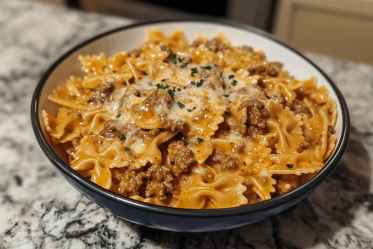 Garlic Parmesan Bowtie Pasta with Creamy Beef