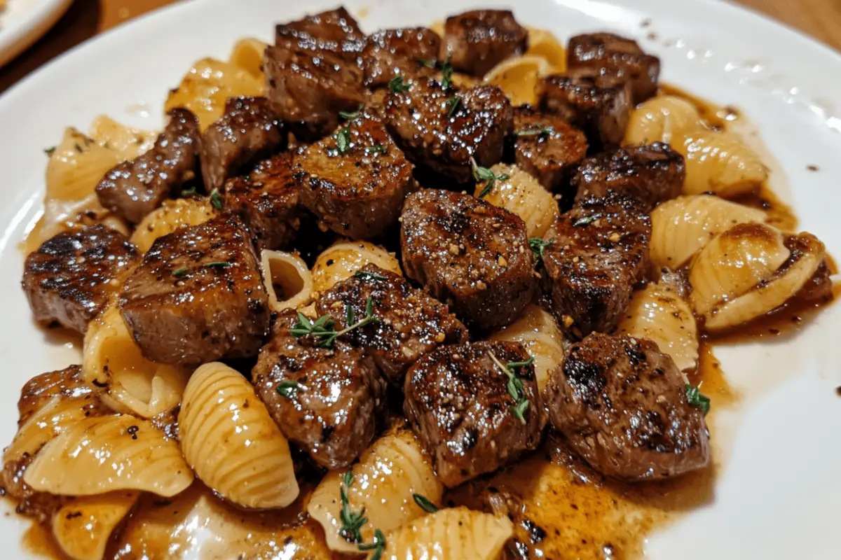 Garlic Butter Steak Bites & Shell Pasta with Parmesan Cream