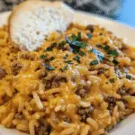 Cheesy Ground Beef and Rice with Garlic Sauce