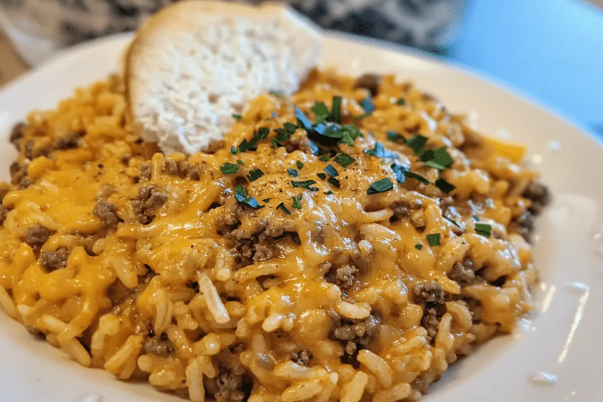 Cheesy Ground Beef and Rice with Garlic Sauce