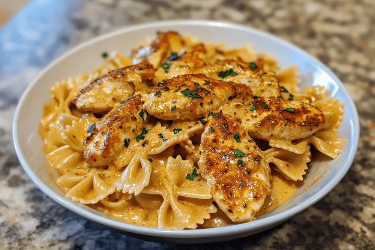 Cajun Chicken over Creamy Parmesan Bowtie Pasta