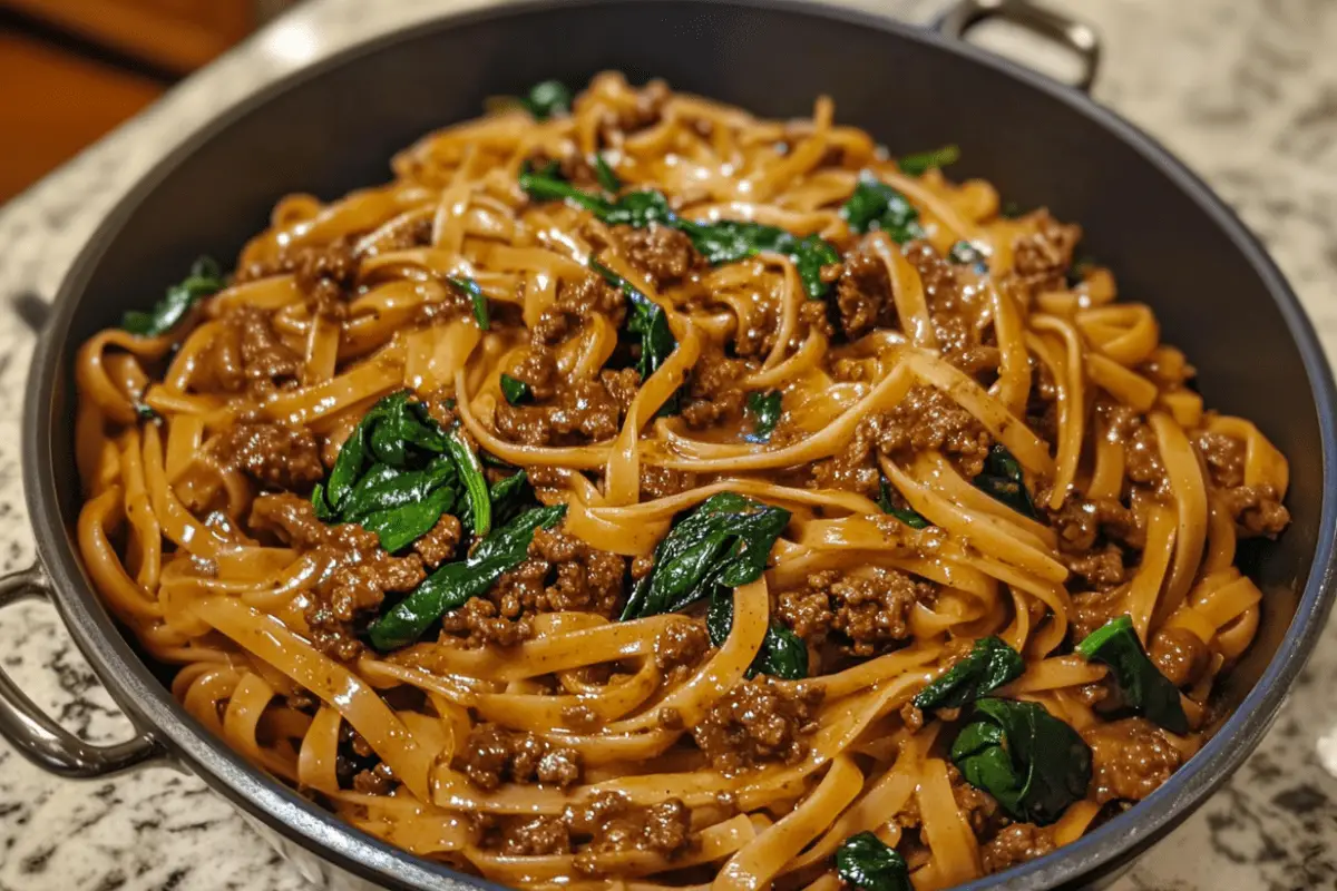 Creamy one-pot beef pasta with spinach and Parmesan