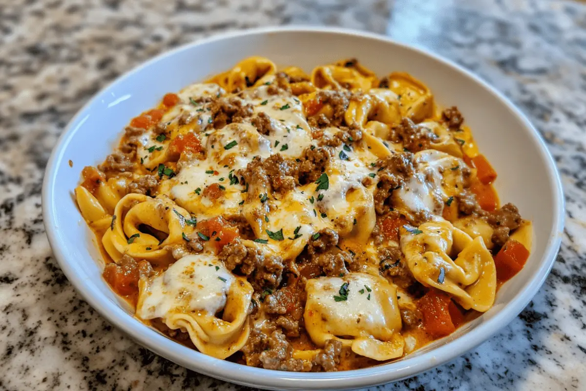 Creamy Velveeta Beef and Spicy Tortellini pasta in a bowl
