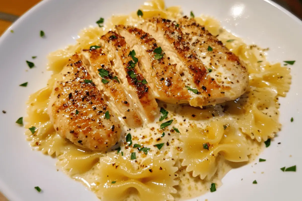Juicy Garlic Butter Chicken with Bowtie Pasta in Creamy Parmesan Sauce