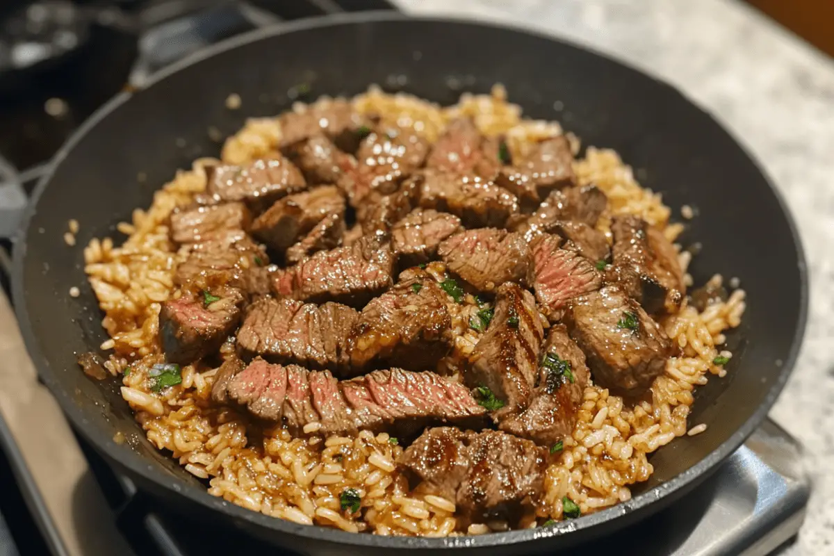 Honey Garlic Butter Steak and Rice in Skillet