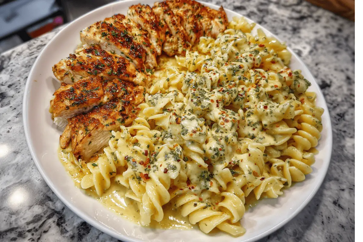 Creamy Garlic Parmesan Chicken with Cheesy Twisted Pasta – Easy & Comforting