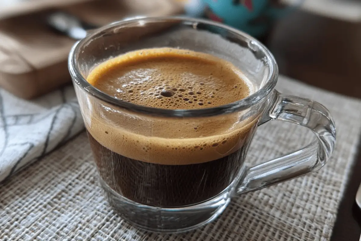 Jennifer Aniston collagen coffee with MCT oil and cinnamon in a glass mug on wooden table – healthy intermittent fasting drink