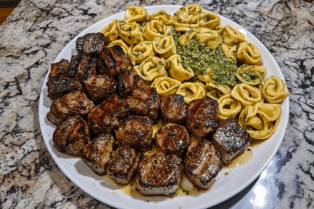 Tender Steak Bites with Pesto Alfredo Tortellini Sauce